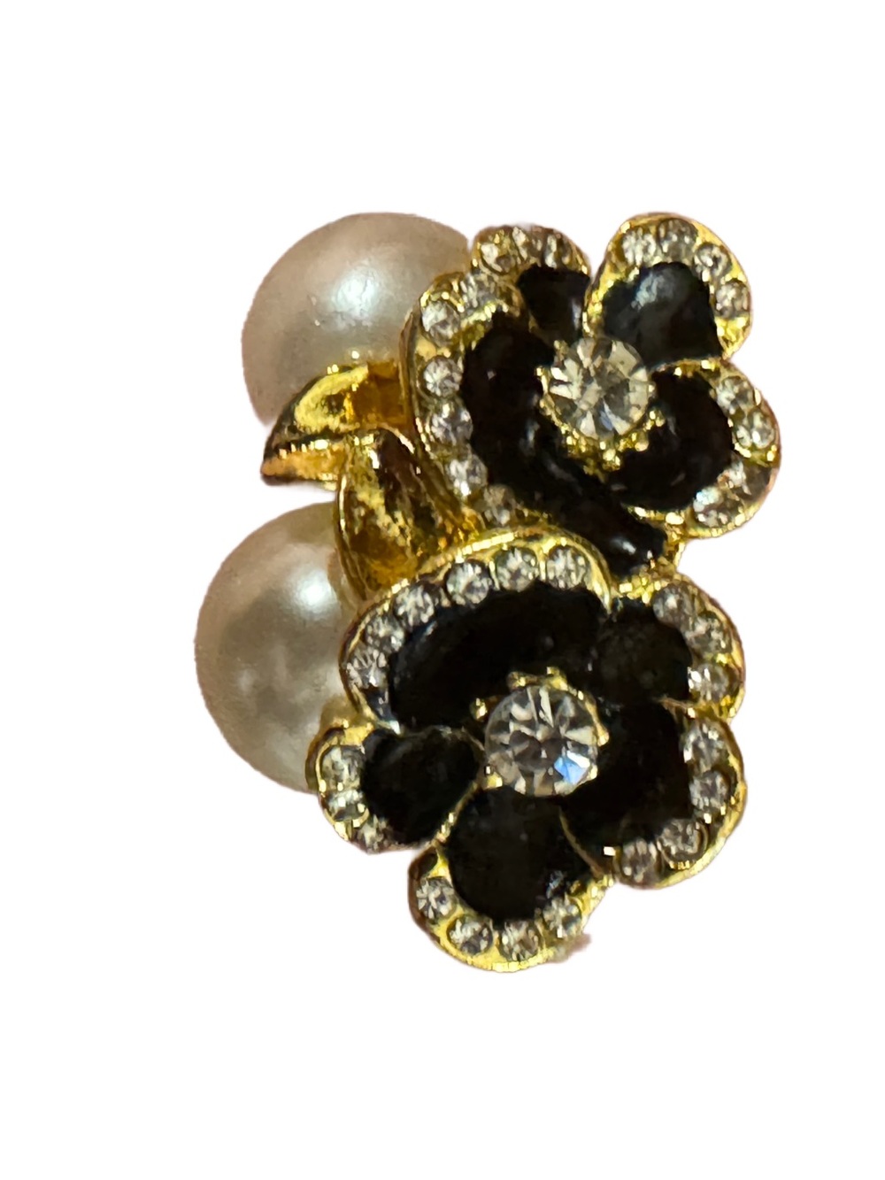 Gold Floral Pearl Back Stud Earrings with Black Enamel and Crystals